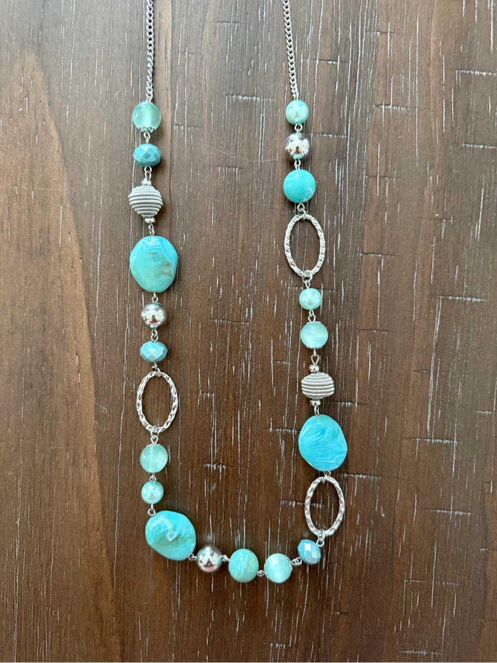 NWOT Long Turquoise Blue Beaded Statement Necklace | Silver Tone